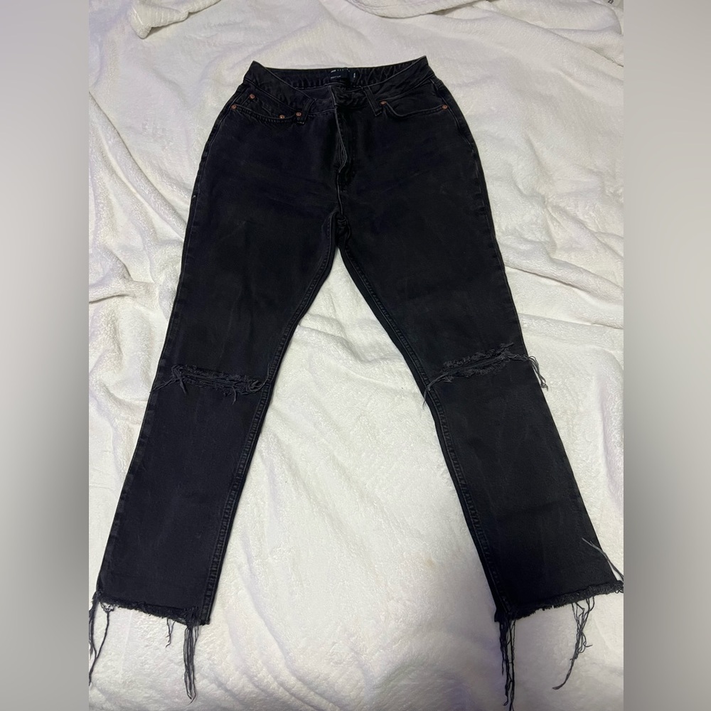 ASOS Washed Black Knee-Slit Fringe Denim